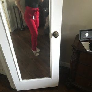 Red Belted Straight Leg Dress Pants